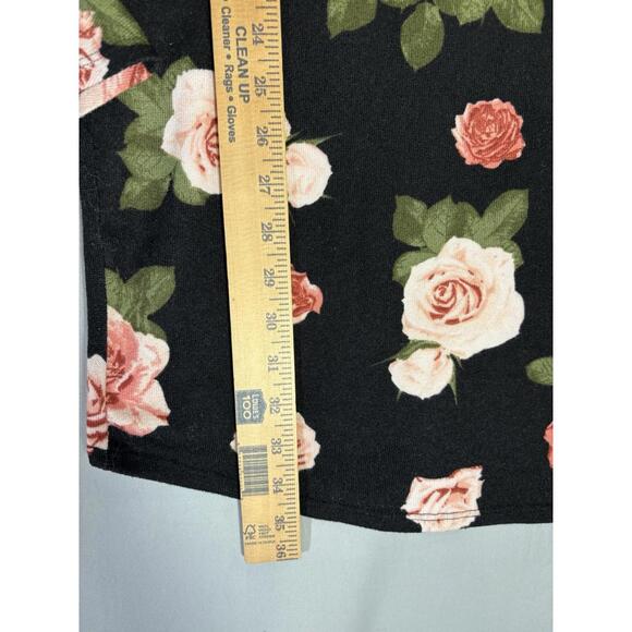 Black Floral Mini Dress Bell Sleeves sz L Juniors Pink Roses Romantic Retro - Picture 4 of 10